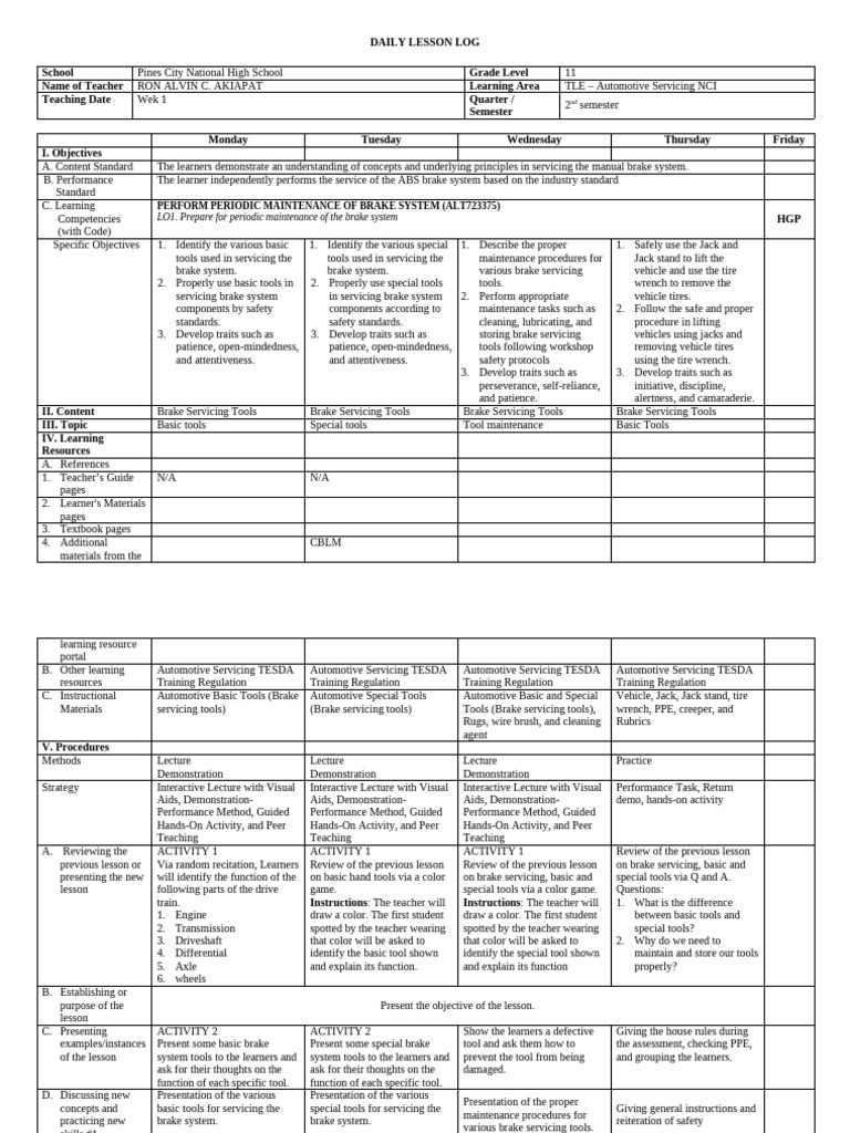 Automotive Brake Servicing Lesson Plan | PDF | Teachers | Learning