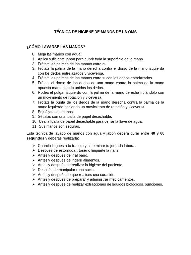 Técnica de Higiene de Manos OMS | PDF | Lavado de manos | Mano