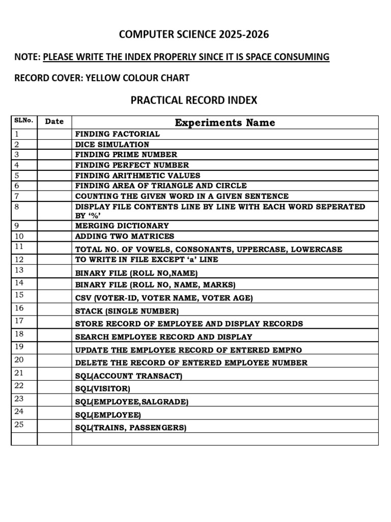 Computer Science Practical Record 2025-26 | PDF