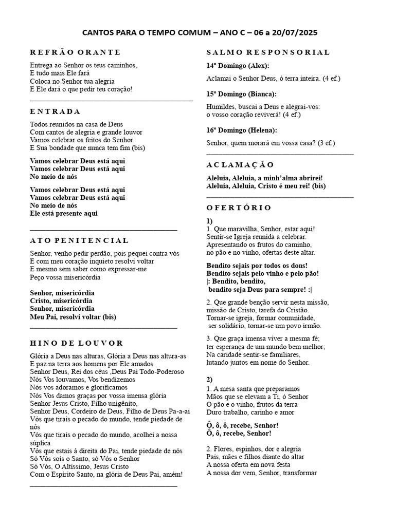 CANTOS PARA O TEMPO COMUM - 14º Ao 16º Domingo | PDF | Eucaristia ...