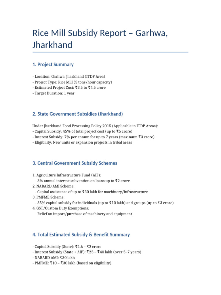 Garhwa Rice Mill Subsidy Report | PDF