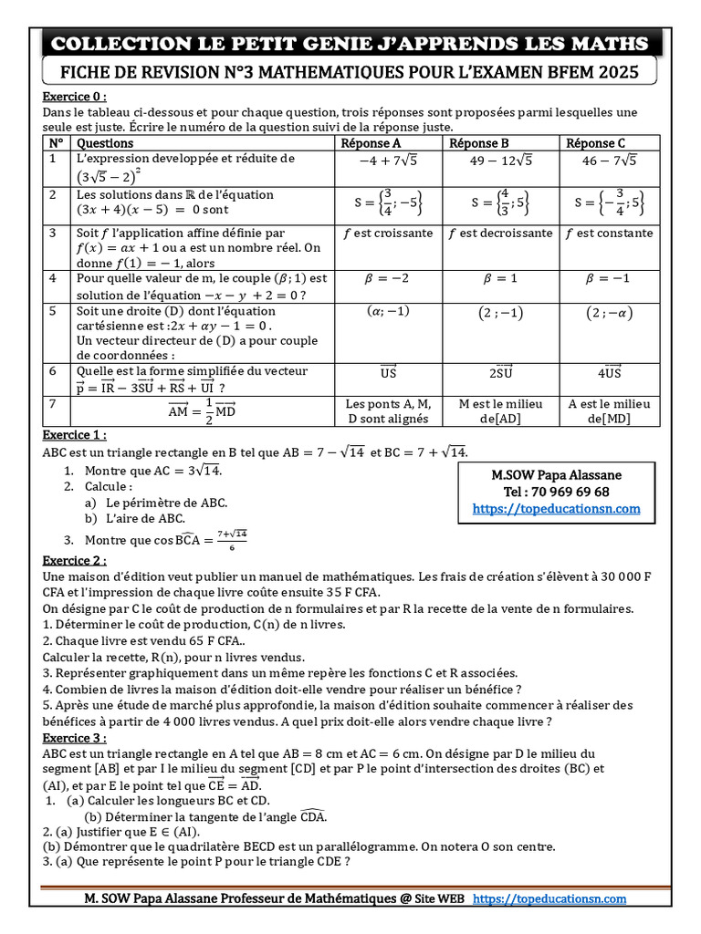 Exercices de Mathématiques pour BFEM 2025 | PDF | Coordonnées ...