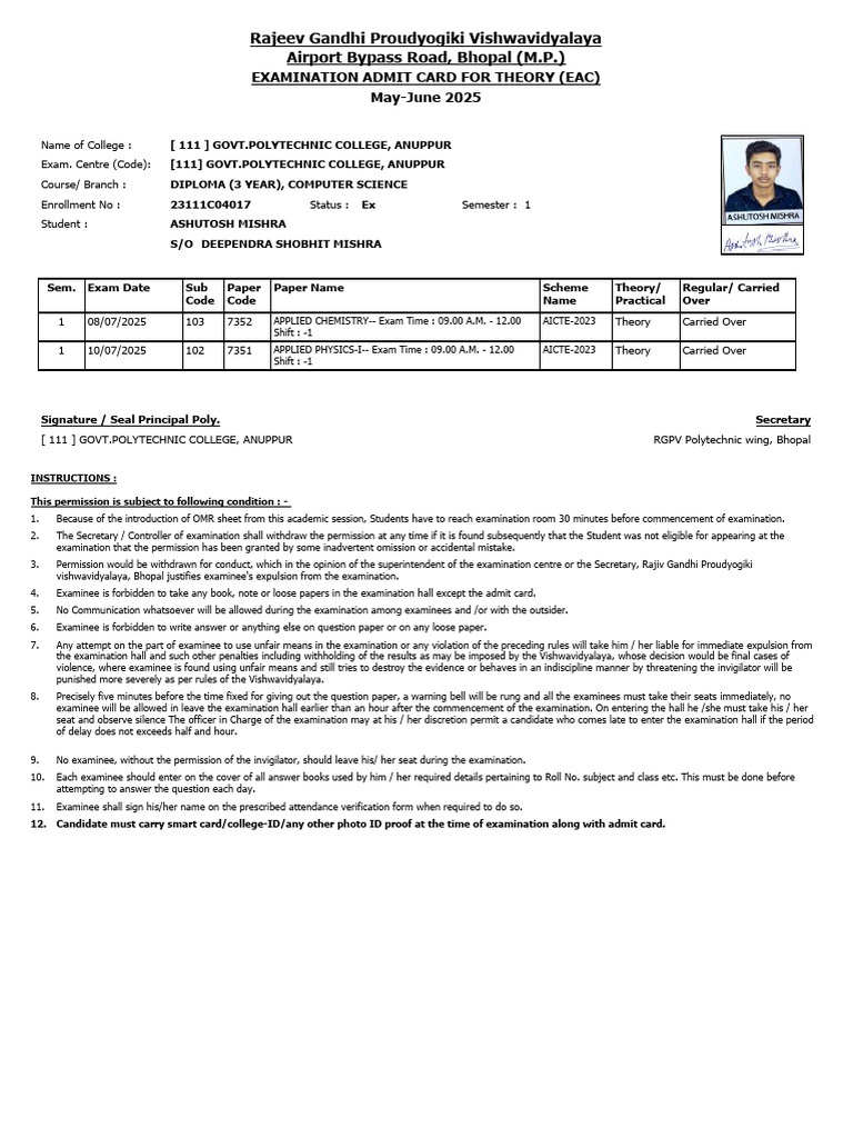 Polytechnic Exam Admit Card Instructions | PDF
