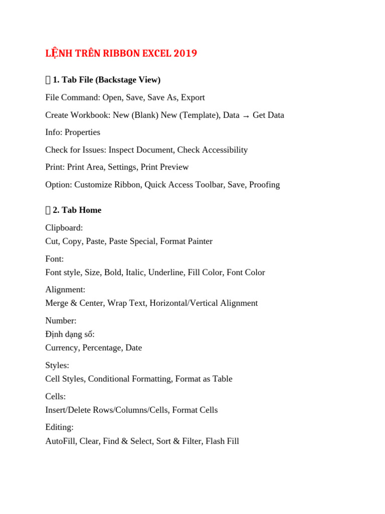Hướng Dẫn Sử Dụng Ribbon Excel 2019 | PDF