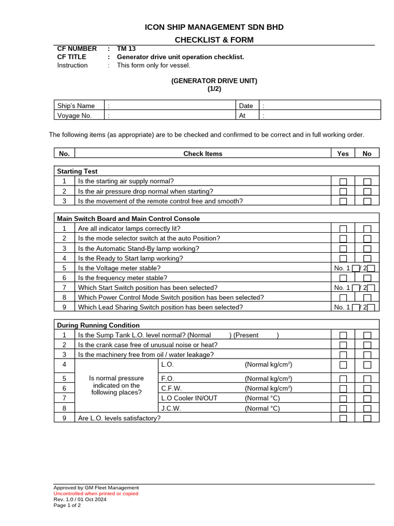 Generator Drive Unit Operation Checklist | PDF | Mechanical Engineering ...