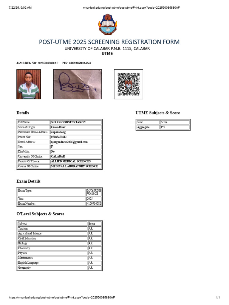 Post Utme Slip | PDF