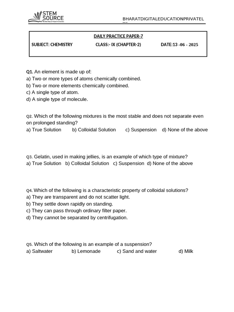 Class IX Chemistry Daily Practice Paper | PDF