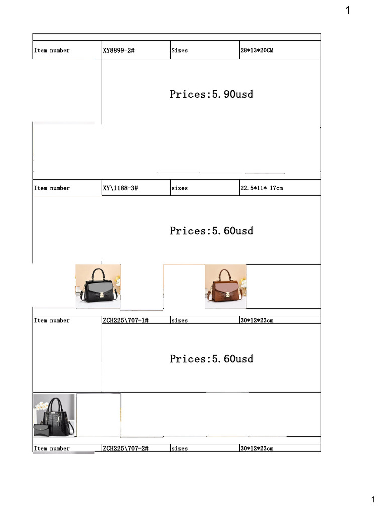 Item List with Sizes and Prices | PDF | Currency | United States Dollar