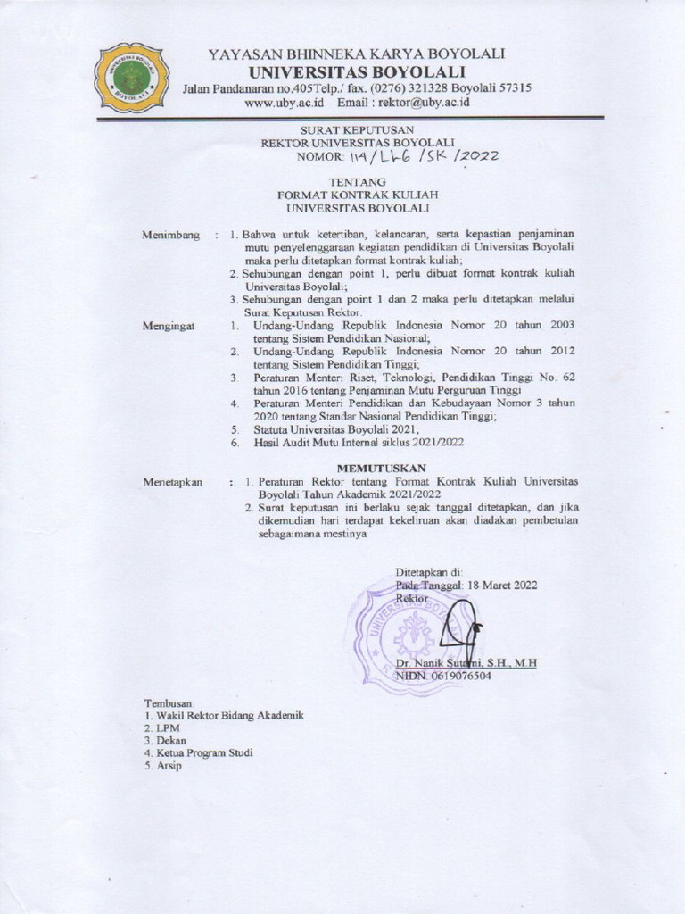 SK Rektor Tentang Format Kontrak Kuliah | PDF