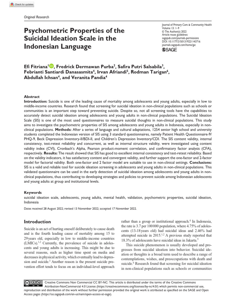 Validating Suicidal Ideation Scale in Indonesia | PDF | Behavioural ...