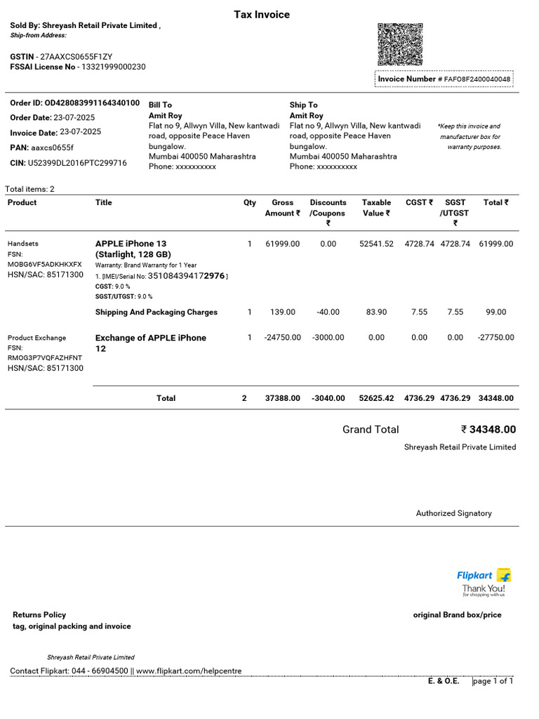 iPhone 13 Purchase Invoice | PDF | I Phone | Apple Inc.