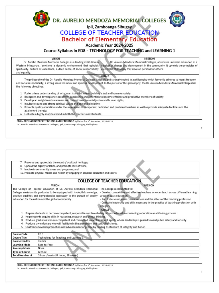 ED8 Syllabus: Tech in Education 2024-2025 | PDF | Educational ...