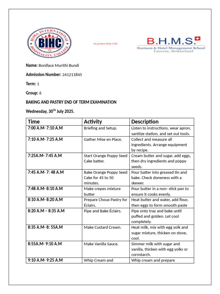 Baking and Pastry Time Plan End of Term Exam | PDF | Custard | Cakes