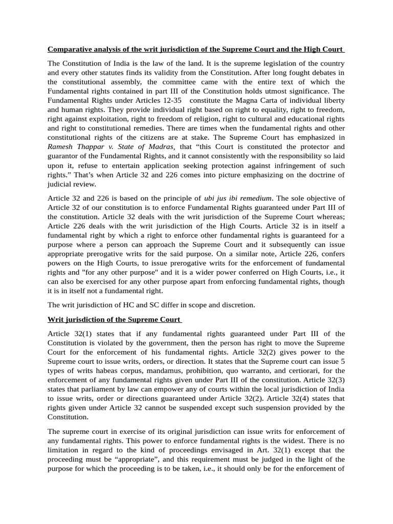 Article 32 vs 226: Writ Jurisdiction Explained | PDF | Writ | Habeas Corpus