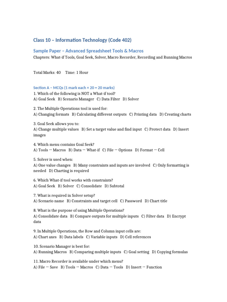 Class 10 IT Sample Paper: Spreadsheets & Macros | PDF | Macro (Computer ...