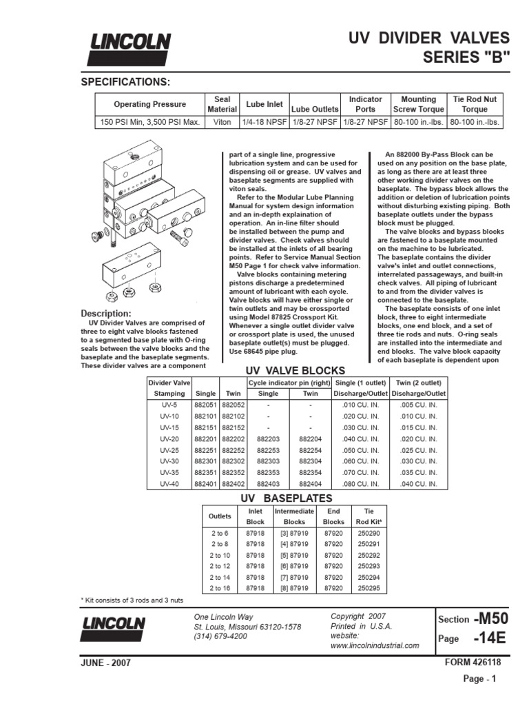 Lincoln UV Divider Valve Specifications | PDF | Valve | Piston