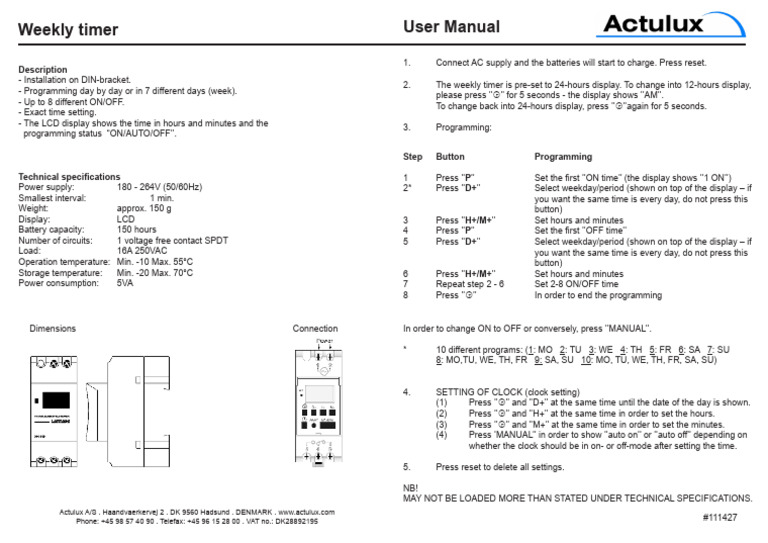 Weekly Programmable Timer Manual | PDF | Power Supply | Power (Physics)