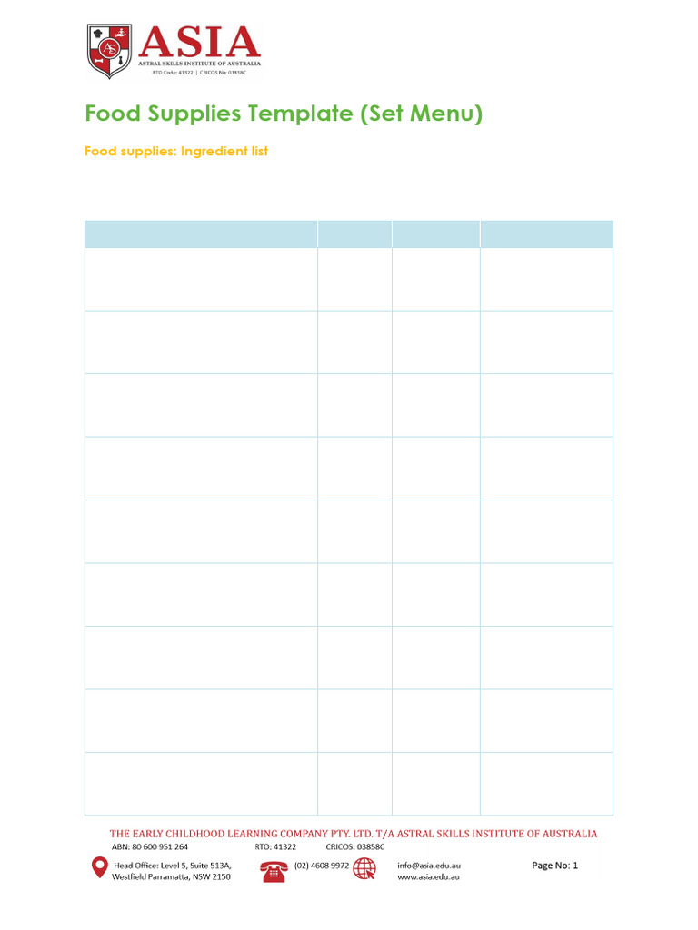 SITHKOP013 Food Supplies Template (Set Menu) | PDF