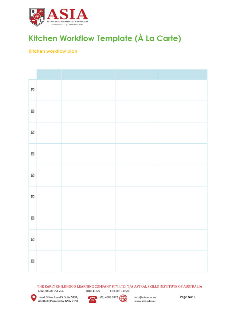 Kitchen Workflow Plan Template | PDF | Kitchen | Cookware And Bakeware