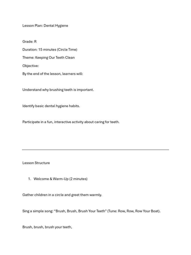 Dental Hygiene Lesson Plan for Kids | PDF
