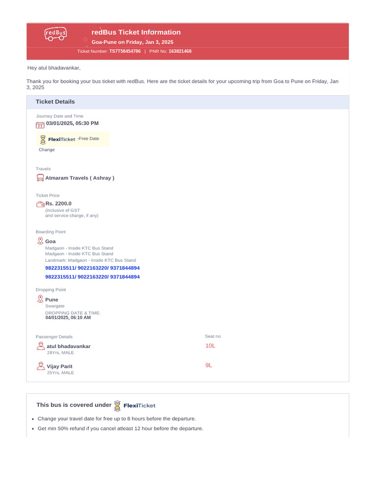 Bus - Ticket - 3 Jan 25 Goa To Pune - 111209 | PDF | Bus