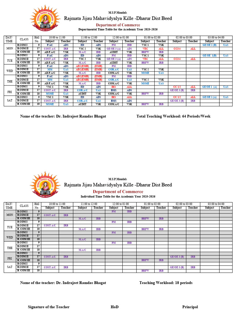 2025-2026 Academic Time Table Beed | PDF | Business | Teaching