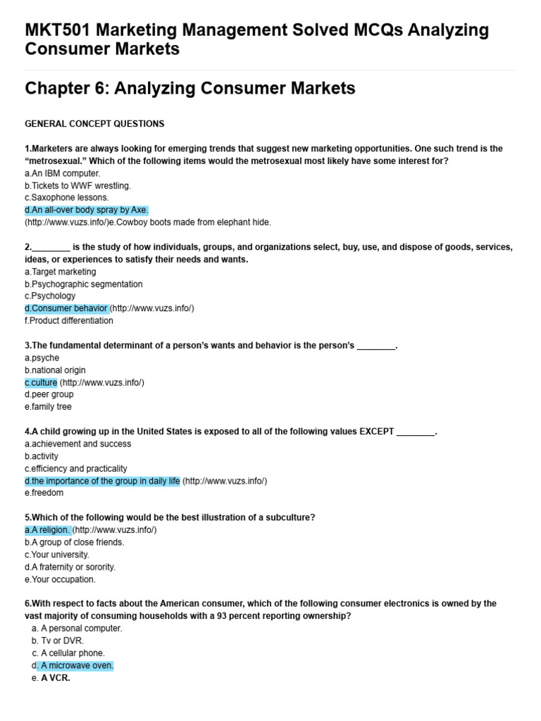 MKT501 Marketing Management Solved MCQs Analyzing Consumer Markets ...