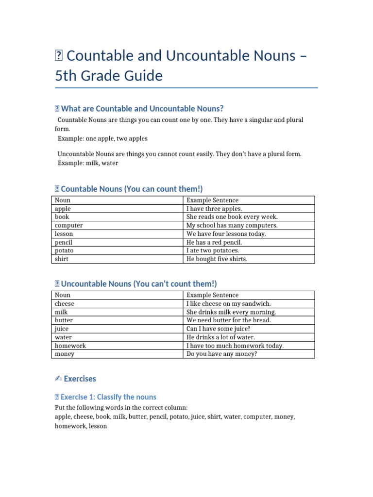 Countable Uncountable Nouns 5th Grade Updated | PDF | Noun | Plural