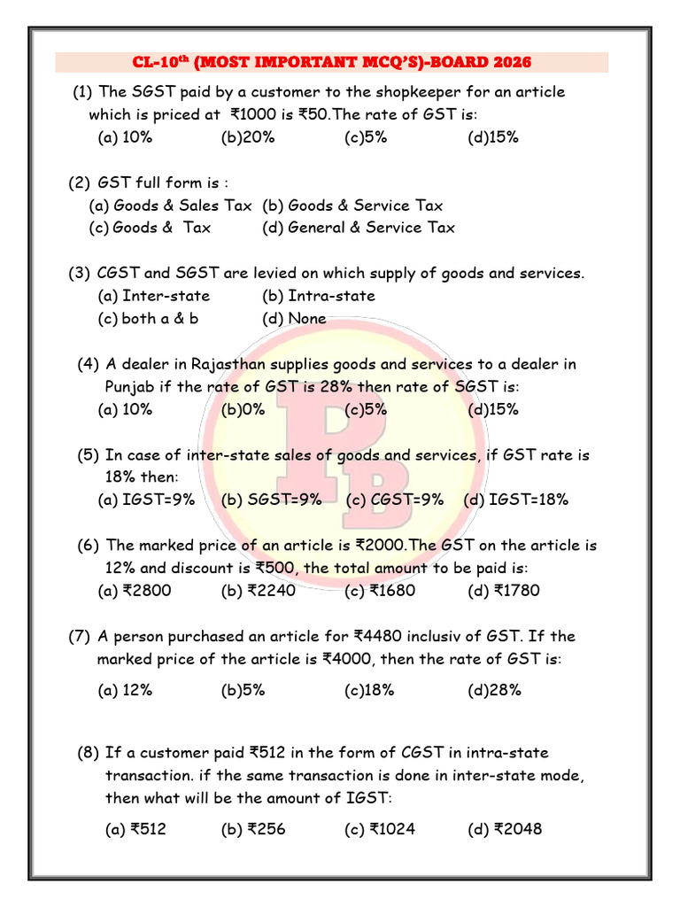CL-10th Board MCQs for GST & Interest | PDF | Value Added Tax