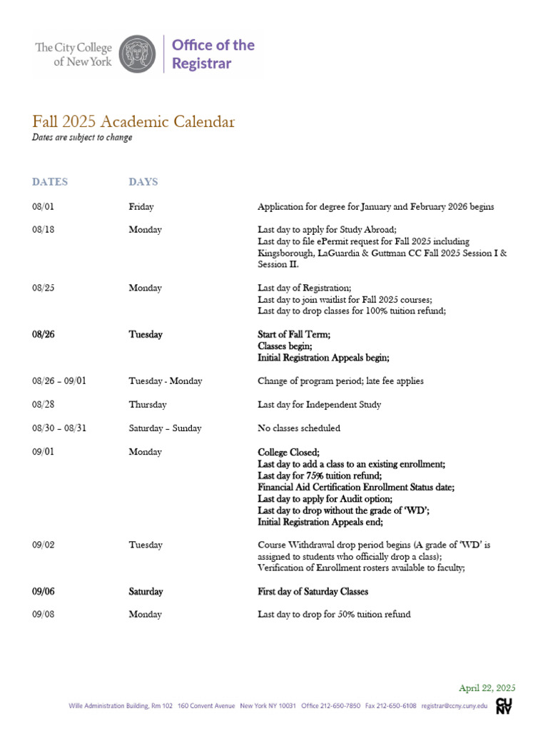 Fall 2025 Academic Calendar Overview | PDF | Educational Stages ...