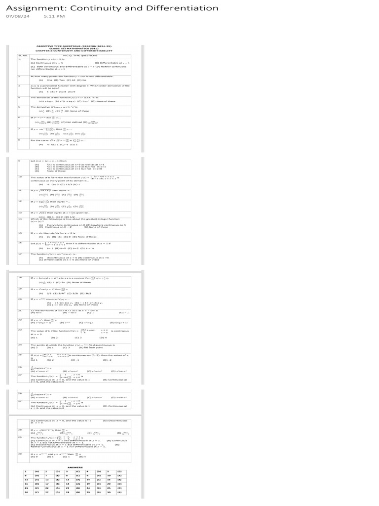 Assignment Continuity and Differentiation | PDF