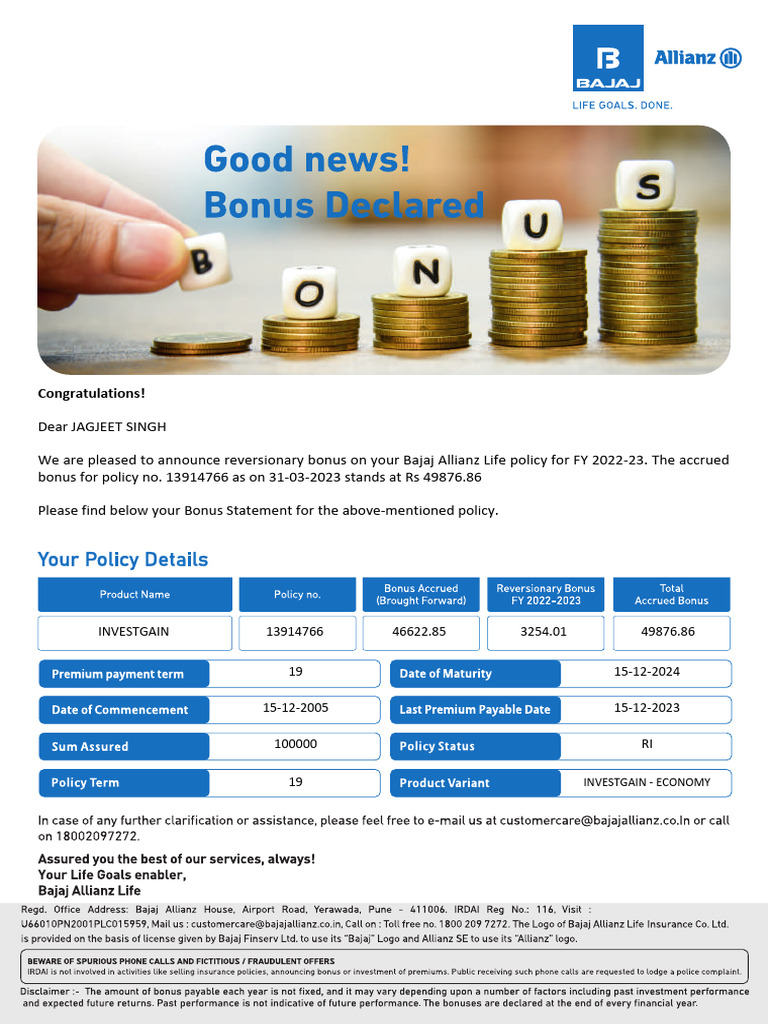 Bonus Statement for Policy 13914766 | PDF