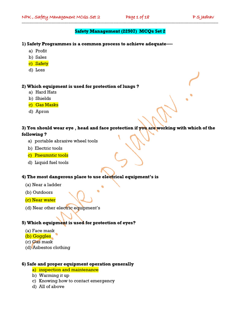 Safety Management MCQs Set 2 | PDF | Occupational Safety And Health ...