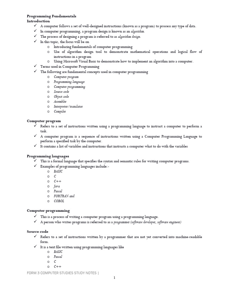 Form 3 Computer Studies Booklet 2 | PDF | Programming | Computer Program