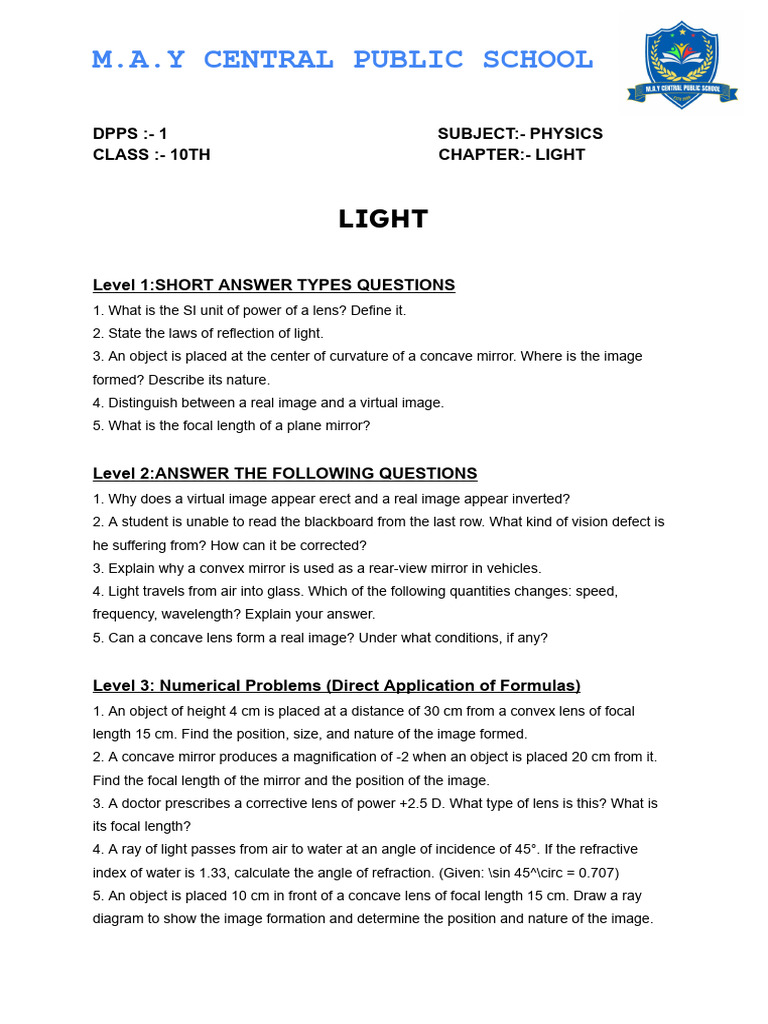 Class 10 Physics: Light Questions Guide | PDF | Electrodynamics | Atomic