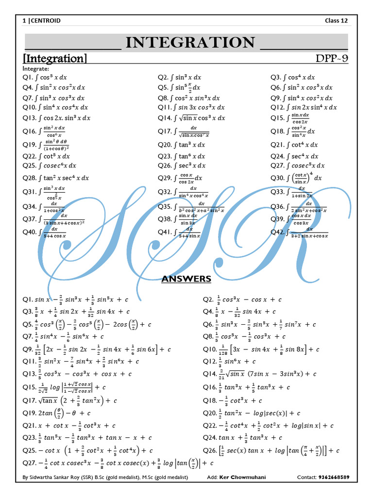Integration Class 12 DPP 9 | PDF