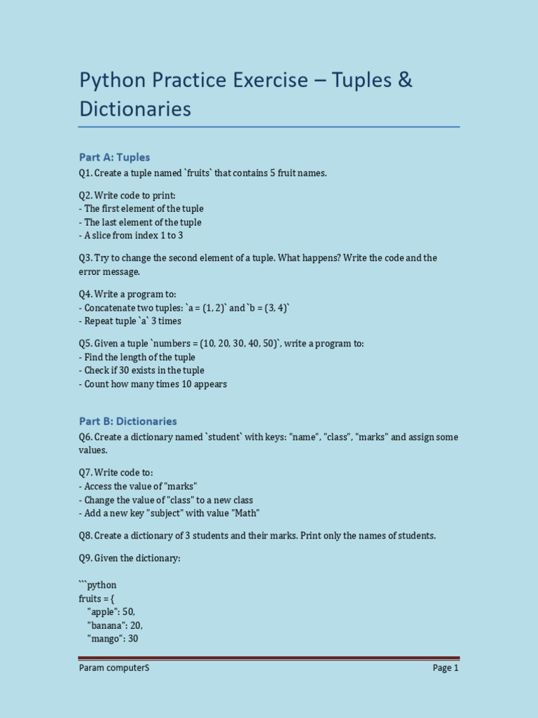 Python Exercises: Tuples & Dictionaries | PDF