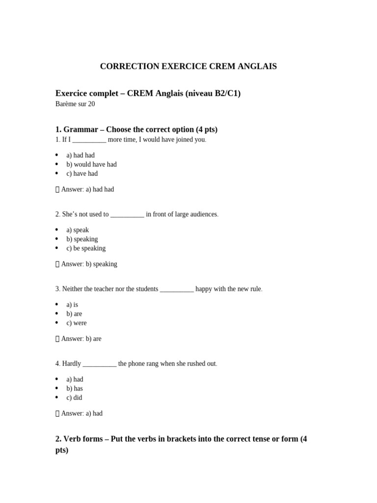 Correction Exercice CREM Anglais B2/C1 | PDF | Reading Comprehension ...