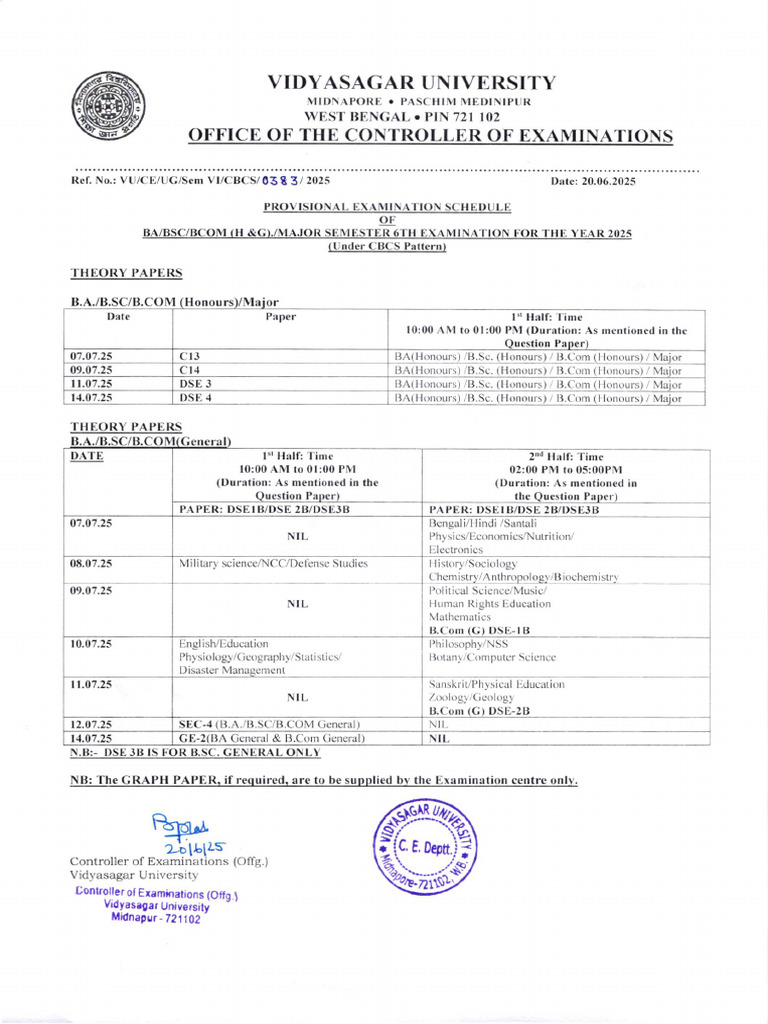 Exam Schedule Ug CBCS 6 1 2025 | PDF | Academic Degree | Liberal Arts ...