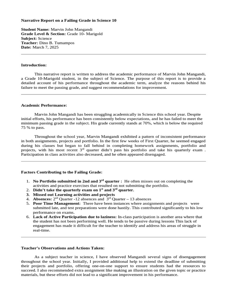 Failing Grade Report: Science 10 Analysis | PDF | Teachers | Learning