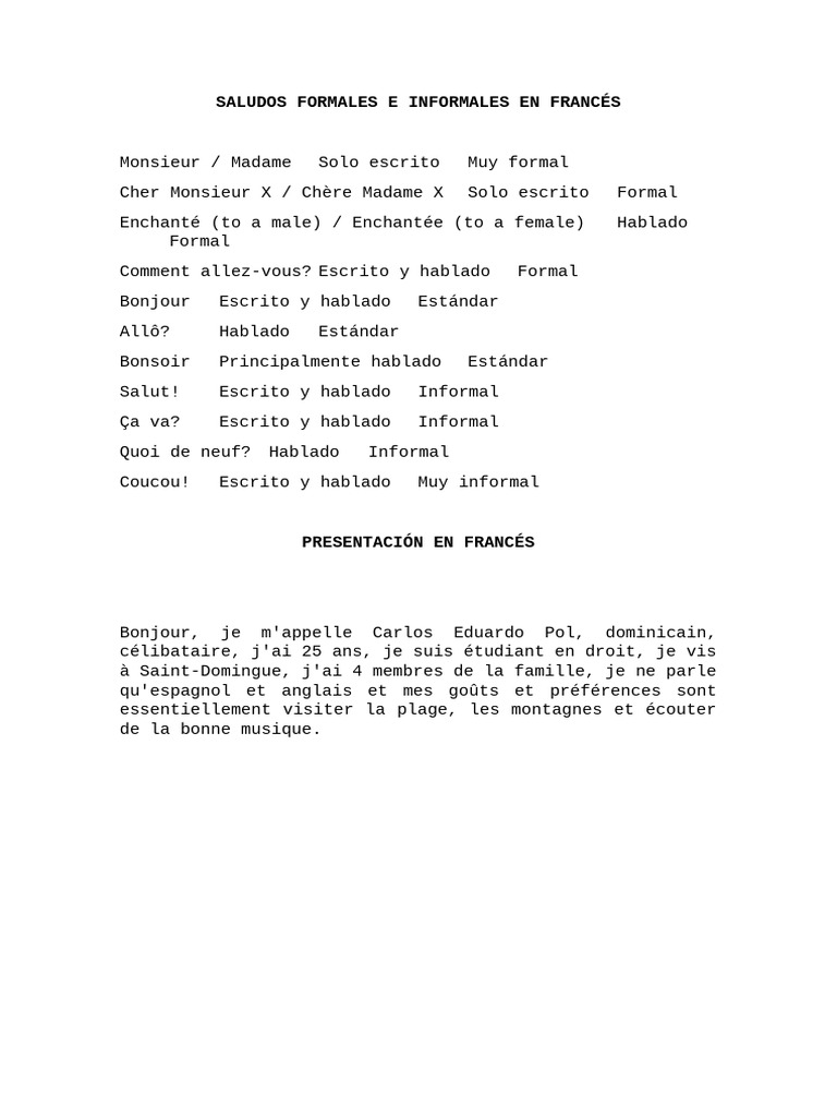 Salutations formelles et informelles en français | PDF