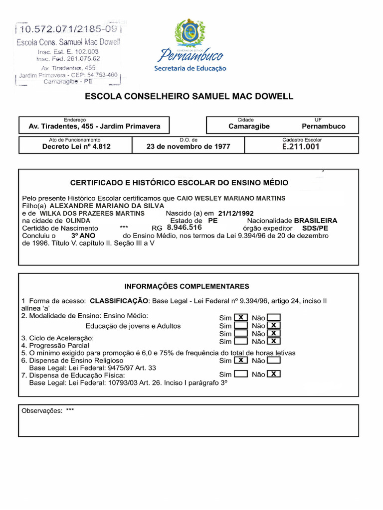 Histórico Escolar - Conselheiro Samuel | PDF
