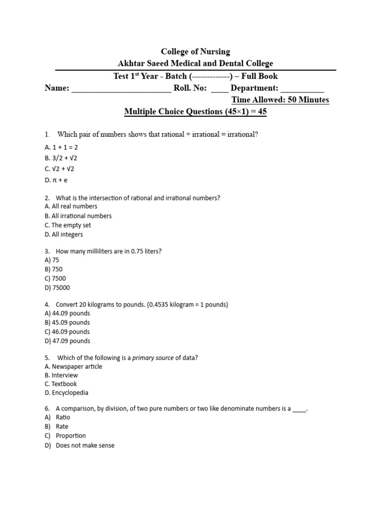Nursing College 1st Year Test Questions | PDF | Sampling (Statistics ...