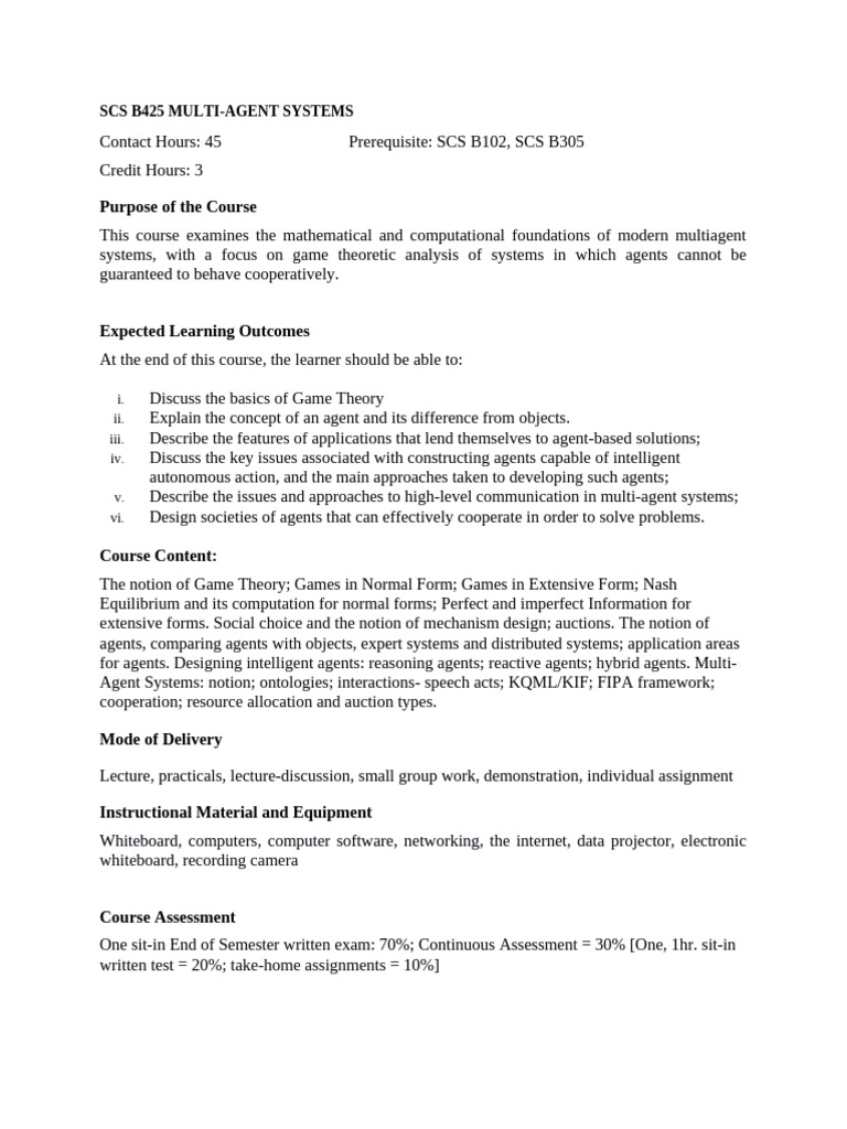 Multi-Agent Systems Course Overview | PDF | Game Theory | Agent Based Model