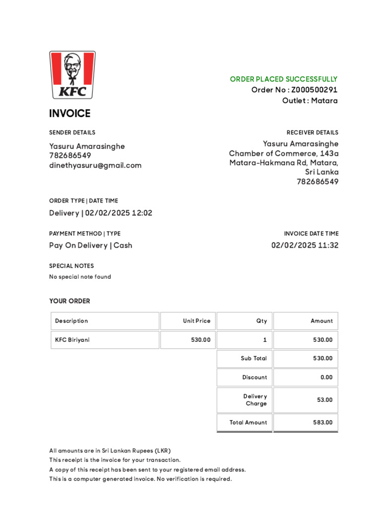 Z000500291 - Your Order Invoice _ KFC - Sri Lanka | PDF