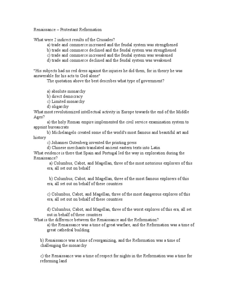 0 Renaissance Reformation Questions Renaissance Europe Free 30