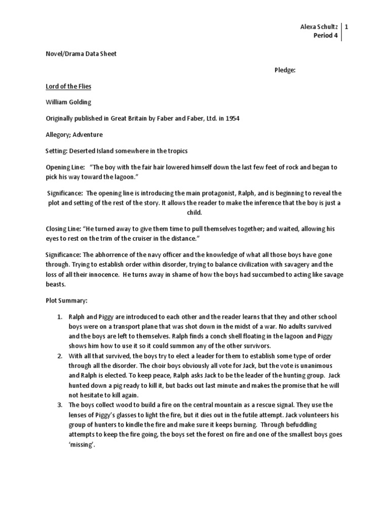 Novel Sheet For Lord of The Flies | PDF