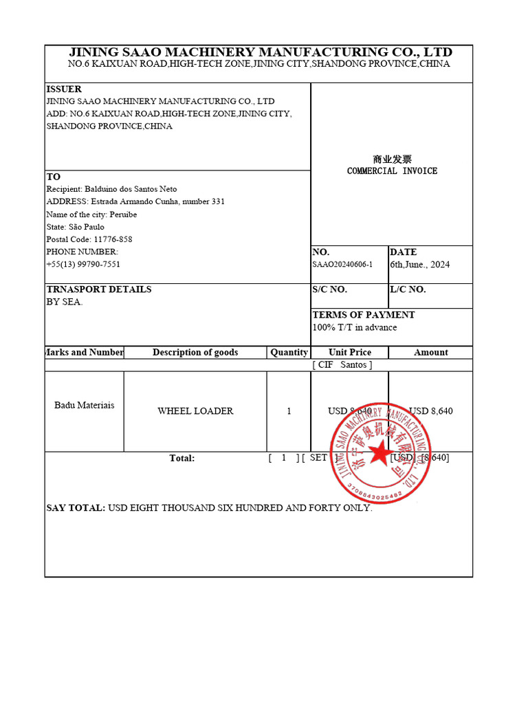 Commercial Invoice for Wheel Loader Sale | PDF