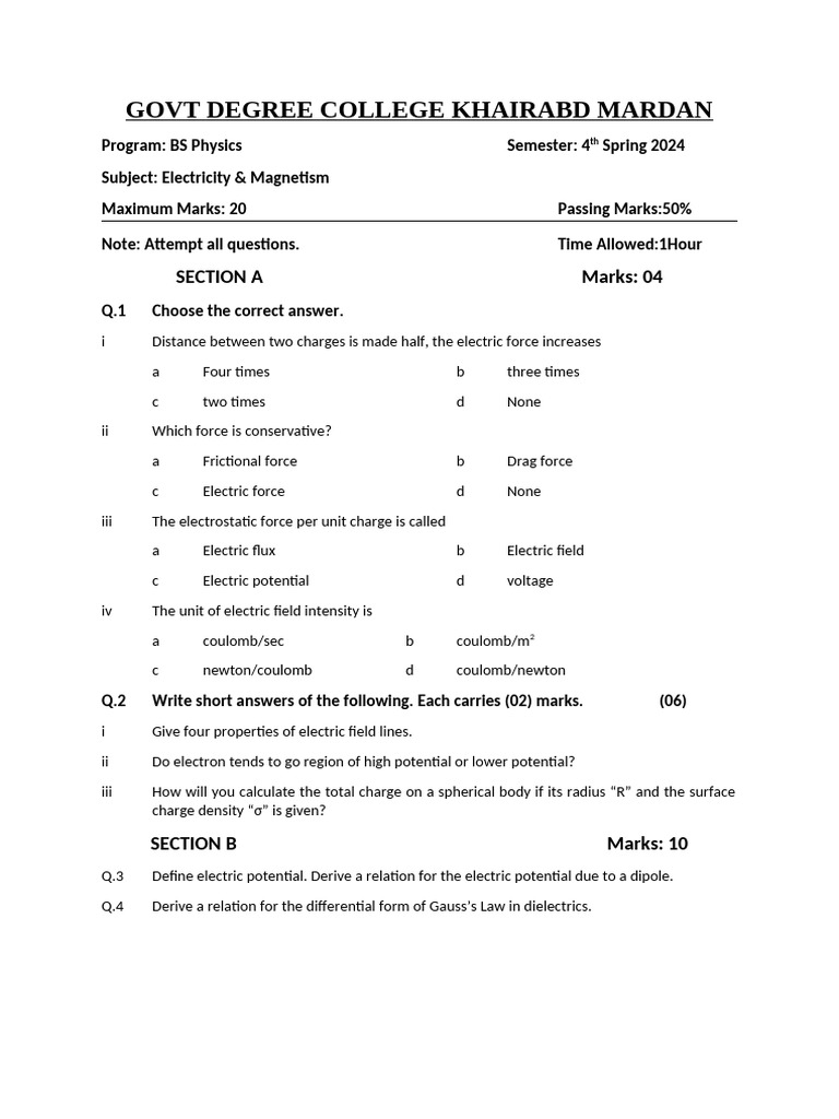 BS Physics Exam: Electricity & Magnetism | PDF