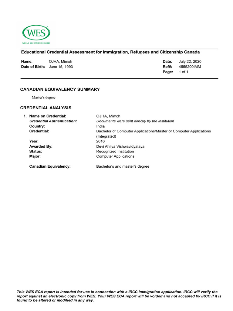 Canadian Equivalency Summary for ECA | PDF